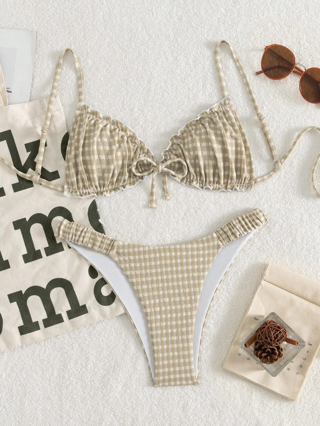 Swim Mod Conjunto de Maiô Bikini de 2 Peças com Tecido Texturizado, Babado, Laço na Frente, Cordão na Cintura, Fofo, Doce, Fashion, Animado para Festa