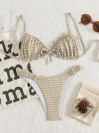 Swim Mod Conjunto de Maiô Bikini de 2 Peças com Tecido Texturizado, Babado, Laço na Frente, Cordão na Cintura, Fofo, Doce, Fashion, Animado para Festa