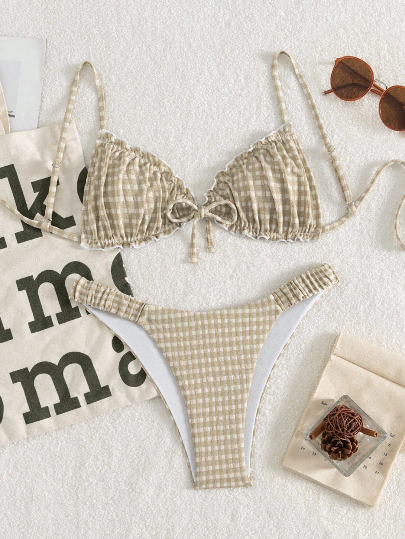 Swim Mod Conjunto de Maiô Bikini de 2 Peças com Tecido Texturizado, Babado, Laço na Frente, Cordão na Cintura, Fofo, Doce, Fashion, Animado para Festa