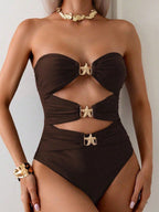 SHEIN X Sofía Suescun SHEIN Swim Maiô Unicolor Feminino com Adorno Metálico Vazado, Verão