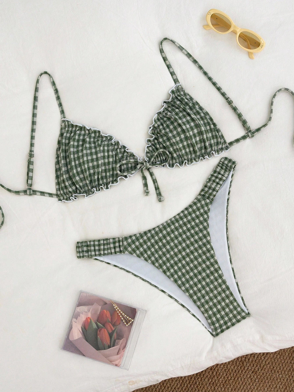 Swim Mod Conjunto de Maiô Bikini de 2 Peças com Tecido Texturizado, Babado, Laço na Frente, Cordão na Cintura, Fofo, Doce, Fashion, Animado para Festa