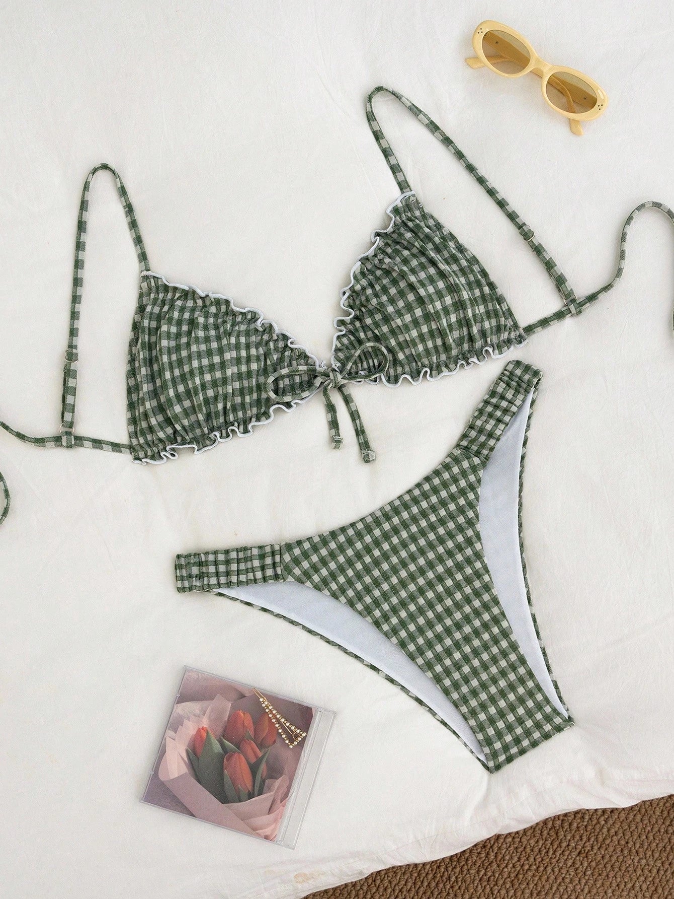 Swim Mod Conjunto de Maiô Bikini de 2 Peças com Tecido Texturizado, Babado, Laço na Frente, Cordão na Cintura, Fofo, Doce, Fashion, Animado para Festa