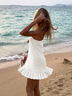 Vestido Curto Branco Feminino de Verão, Simples, para Praia, Férias, Decote Vazado, Sexy, com Alças Finas
