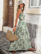 KARISMINA Conjunto de 2 peças com alças finas florais impressas, parte superior sem mangas com frente torcida e saia com babados na barra, para o verão.