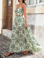 KARISMINA Conjunto de 2 peças com alças finas florais impressas, parte superior sem mangas com frente torcida e saia com babados na barra, para o verão.