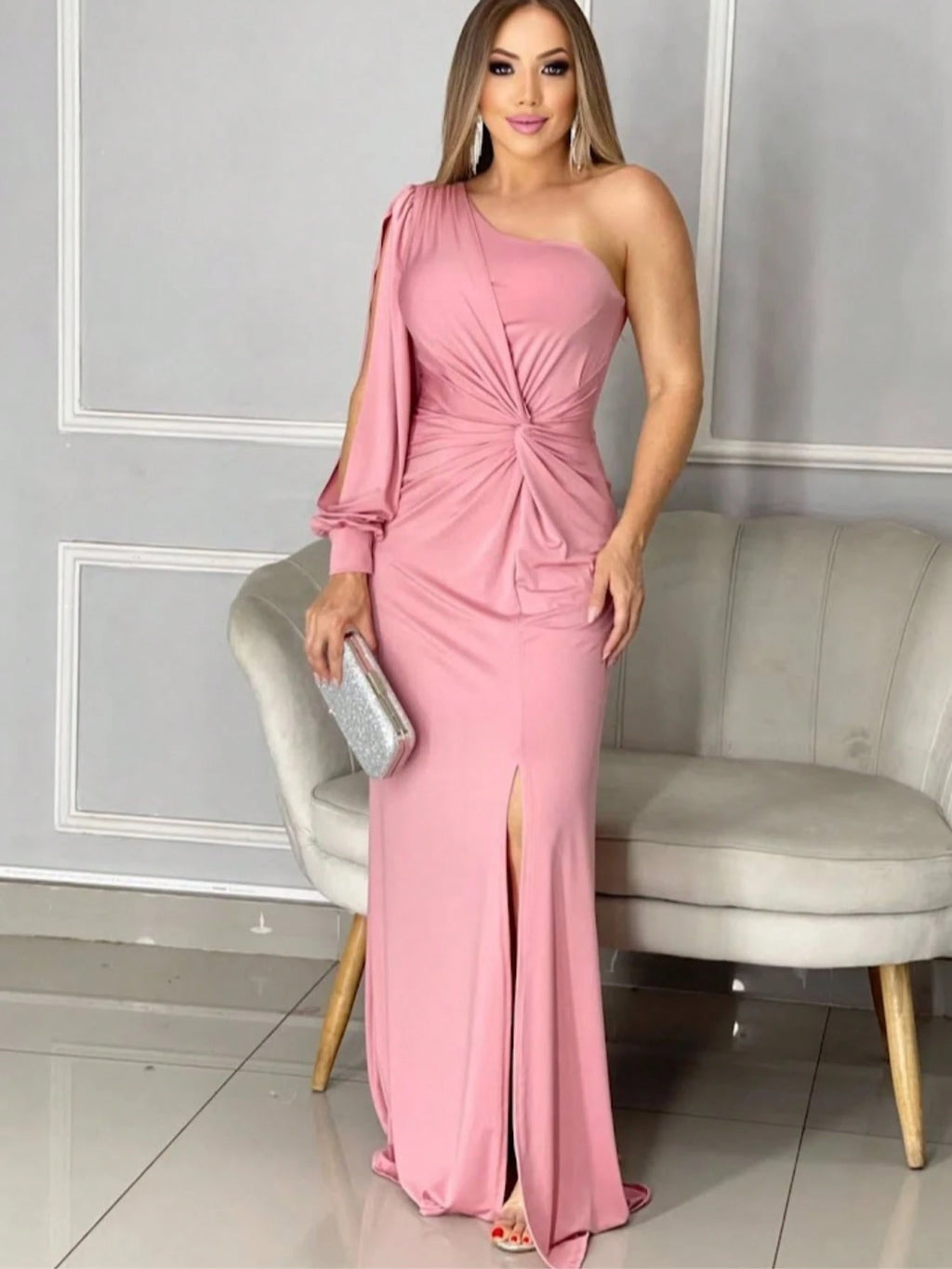 Vestido Longo Femenino Convidada inverno nozinho antonela manga vazada Simples Abertura lateral Formal e Noturno