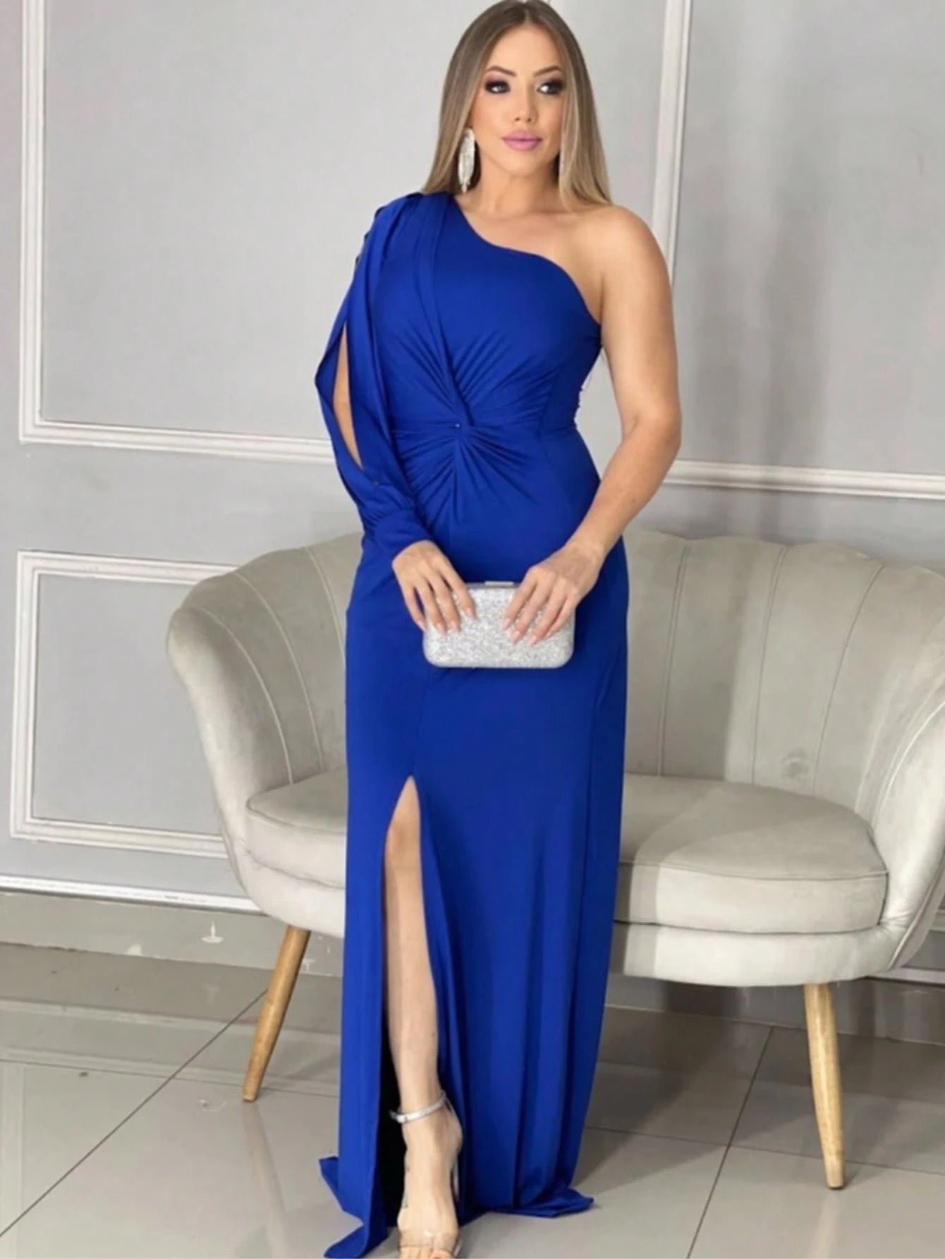 Vestido Longo Femenino Convidada inverno nozinho antonela manga vazada Simples Abertura lateral Formal e Noturno