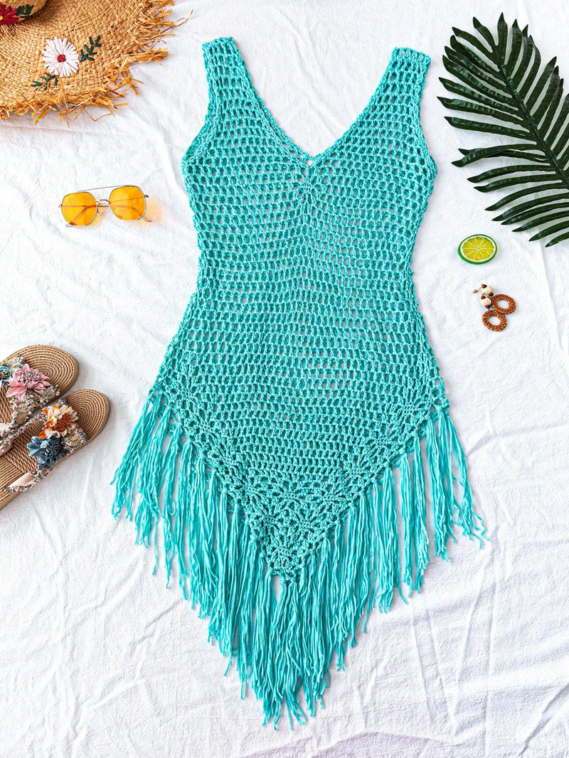 Swim Vestido Capa com Bainha de Franjas Tricotada Vazada, para Férias na Praia no Verão