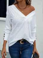 SHEIN Tall Camiseta Casual Solta com Decote em V, Ombros Caídos, Manga Longa, Bordado Queimado e Botões, para Mulheres