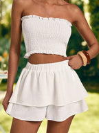 SHEIN VCAY Top Sem Alças Franzido Com Estampa Floral E Saia De Cintura Elástica