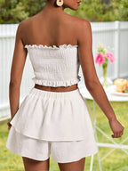 SHEIN VCAY Top Sem Alças Franzido Com Estampa Floral E Saia De Cintura Elástica