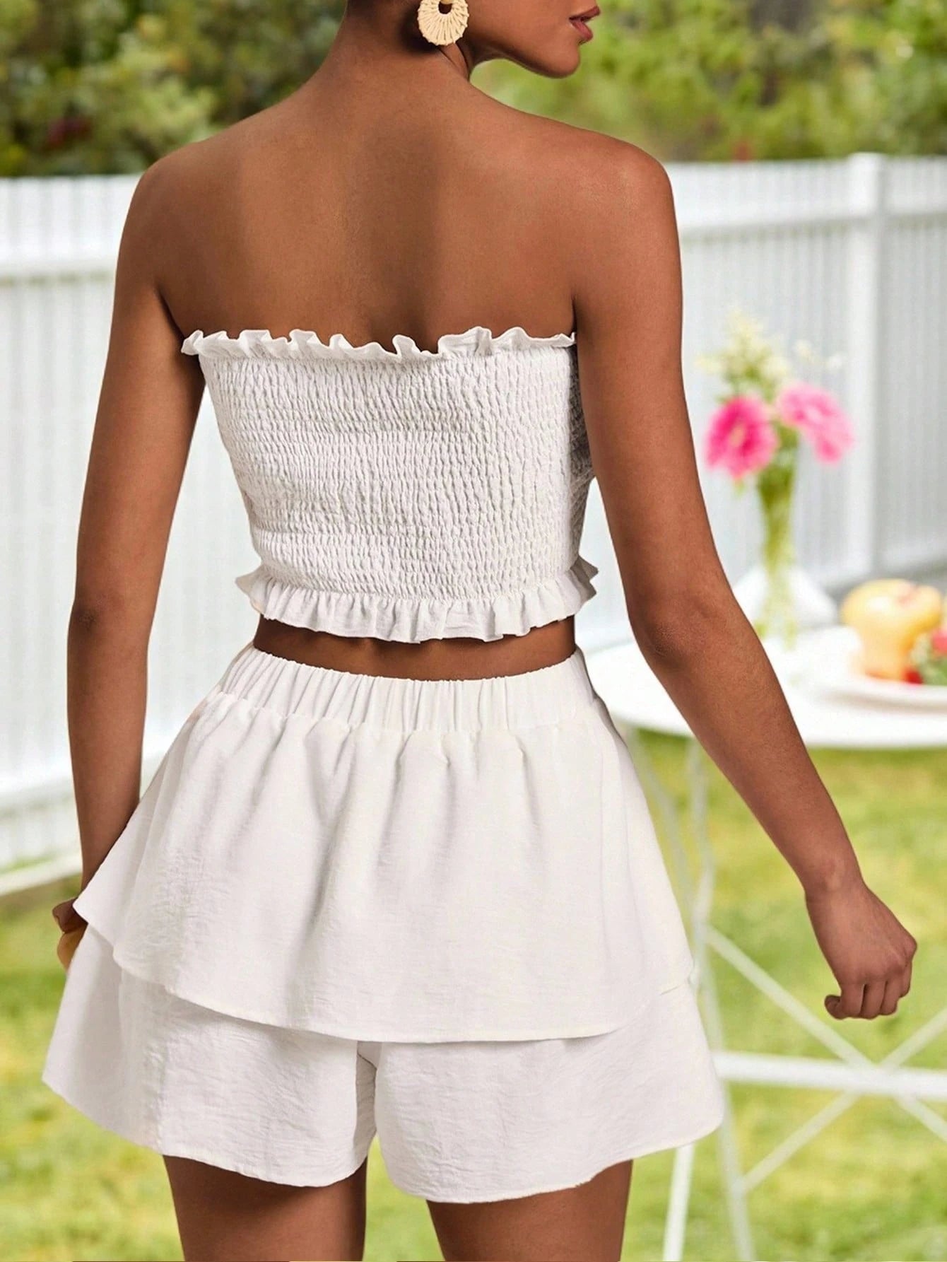 SHEIN VCAY Top Sem Alças Franzido Com Estampa Floral E Saia De Cintura Elástica