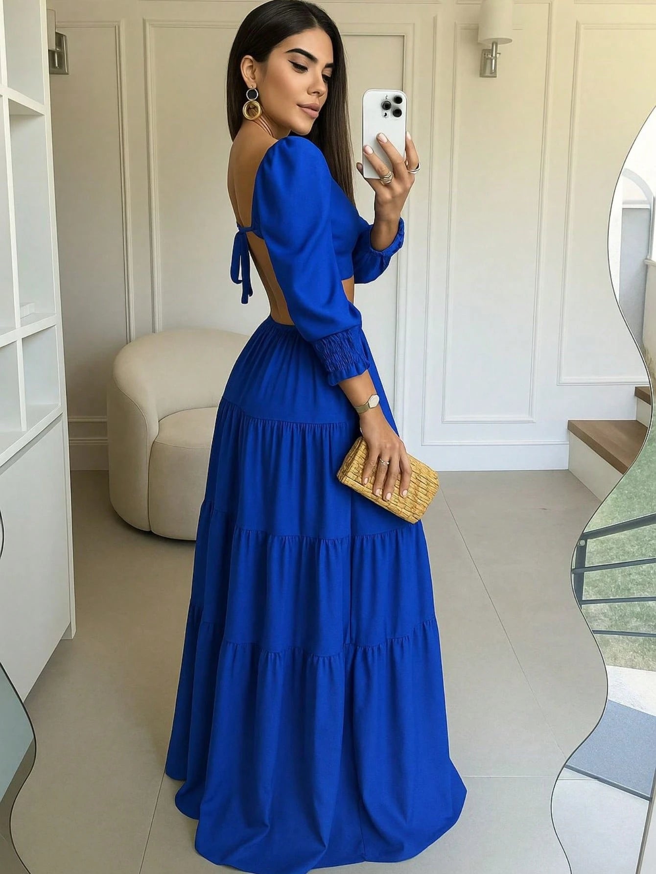 Vestido Longo Elegante Manga Princesa Boho Chic Costa Nua Duna Forrado Amarração Casamento