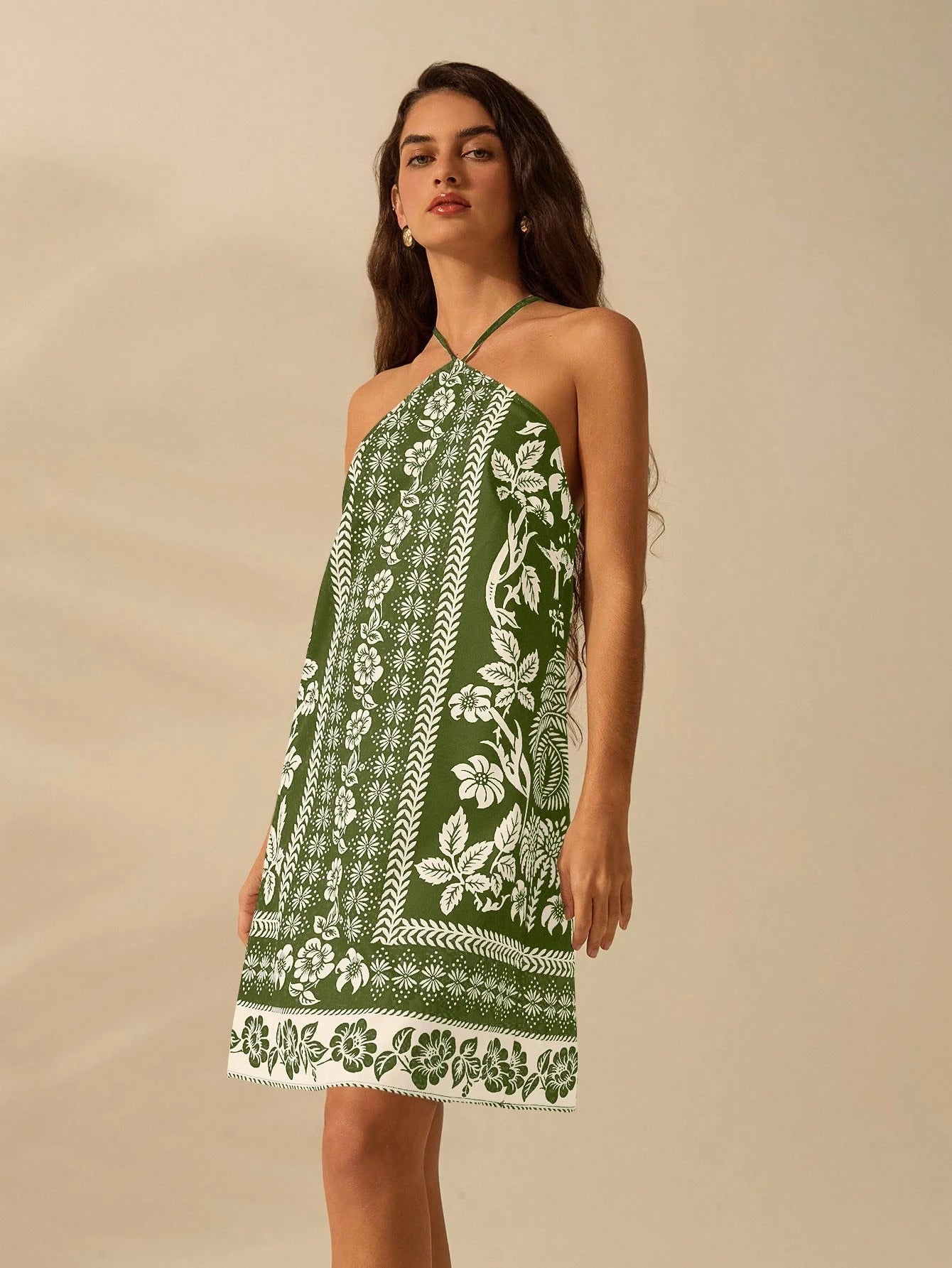 CAJUNI Vestido Curto Casual de Verão Boêmio Feminino, Estampa Tropical de Planta Floral, Cinto Fino, Costas Cruzadas