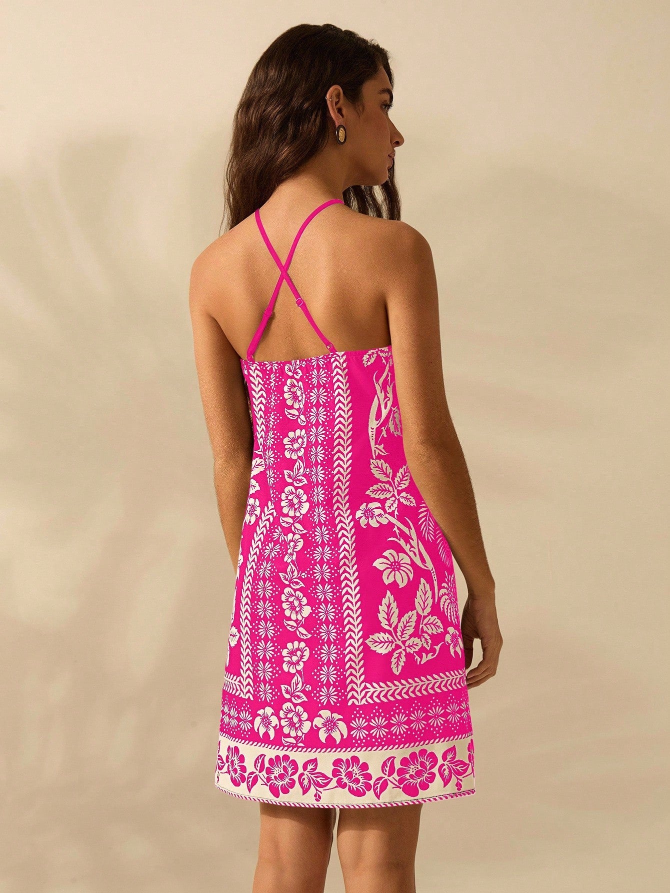 CAJUNI Vestido Curto Casual de Verão Boêmio Feminino, Estampa Tropical de Planta Floral, Cinto Fino, Costas Cruzadas