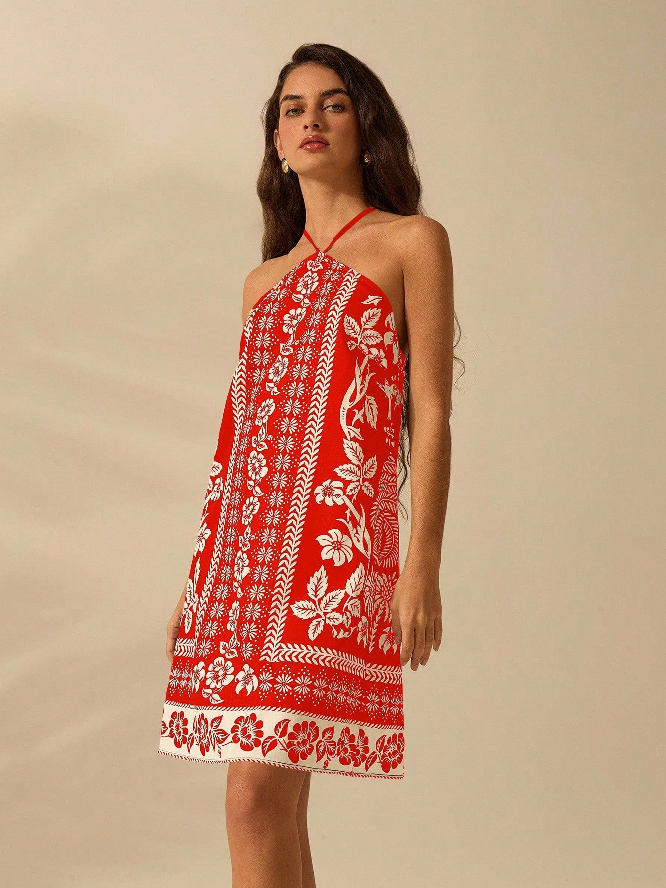 CAJUNI Vestido Curto Casual de Verão Boêmio Feminino, Estampa Tropical de Planta Floral, Cinto Fino, Costas Cruzadas