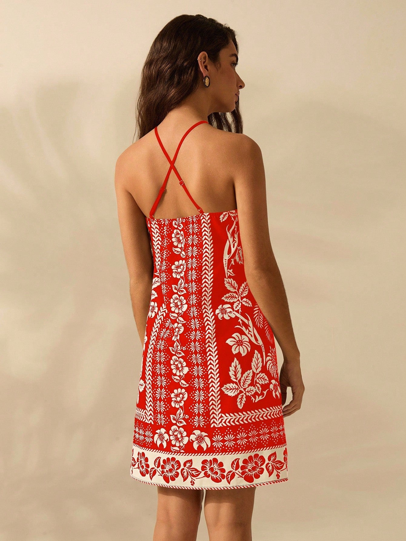 CAJUNI Vestido Curto Casual de Verão Boêmio Feminino, Estampa Tropical de Planta Floral, Cinto Fino, Costas Cruzadas