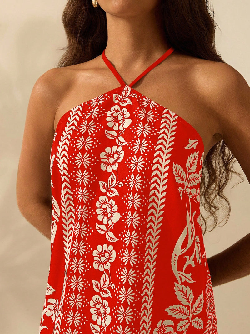 CAJUNI Vestido Curto Casual de Verão Boêmio Feminino, Estampa Tropical de Planta Floral, Cinto Fino, Costas Cruzadas