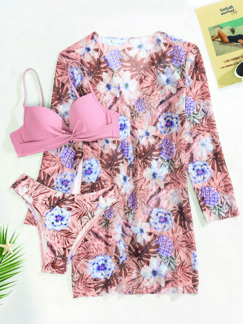 SHEIN Swim 3 conjuntos de Maiô Bikini Push Up com Estampa de Plantas e Kimono para o Verão na Praia