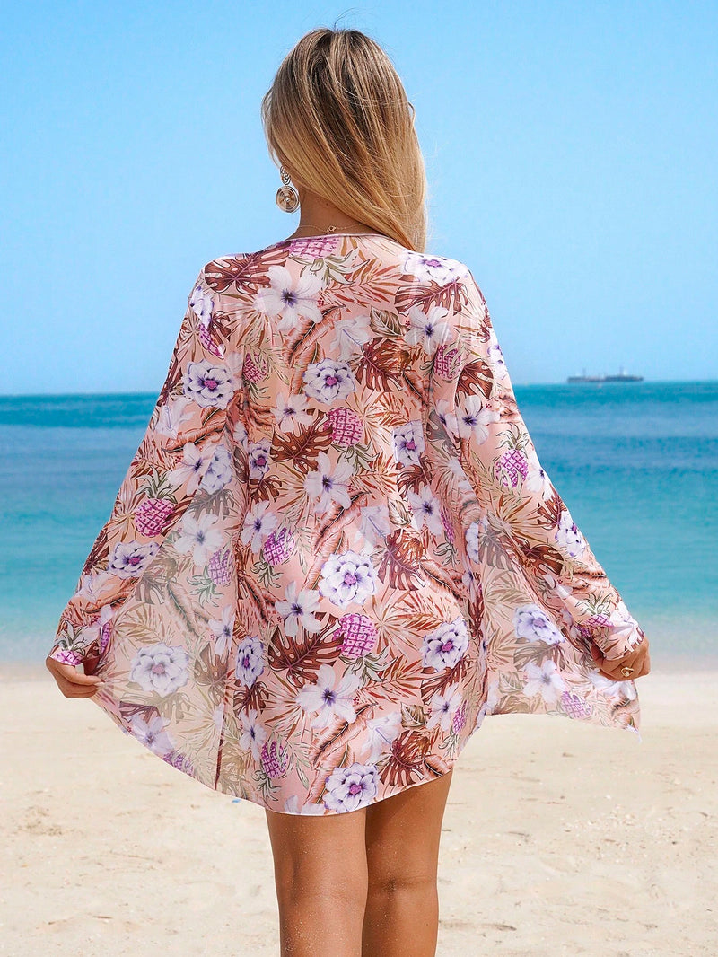 SHEIN Swim 3 conjuntos de Maiô Bikini Push Up com Estampa de Plantas e Kimono para o Verão na Praia