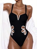 SHEIN Swim Maiô Inteiro Estampado Com Flores Vazadas Em Cores Contrastantes