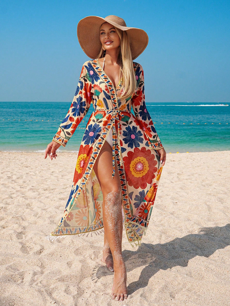 Swim Lushoire Kimono Feminino com Estampa Floral e Cinto Destacável, Adequado para Praia, Festa, Férias