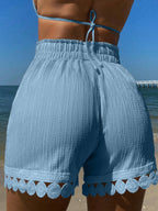 Swim Vcay Conjunto de Verão 3 Peças para Praia e Férias Feminino: Saída de Praia com Amarração na Cintura e Acabamento em Renda, Shorts de Maiô