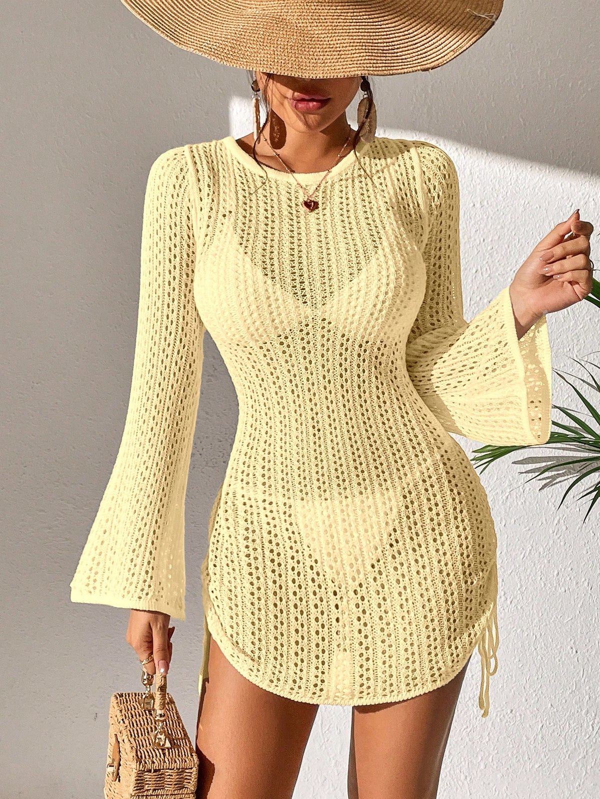 Breezaya Vestido de praia Feminino Fashion de cor sólida com cordão e mangas de sino franzidas, transparente, ideal para o Verão