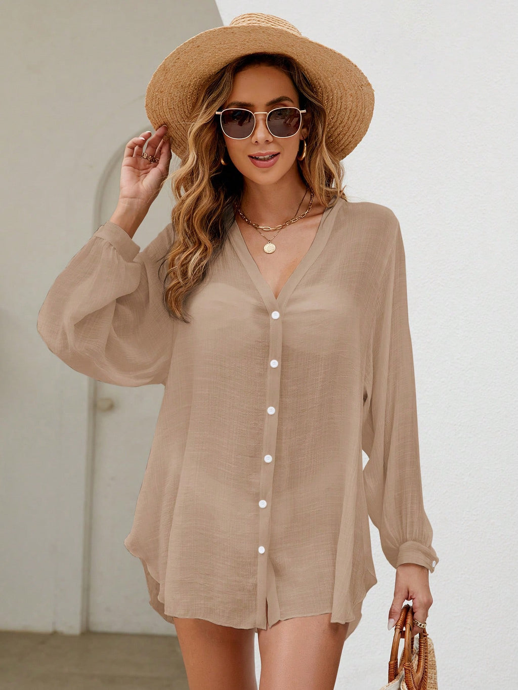 SHEIN Swim Basics Blusa Quimono Feminina Com Peito Único