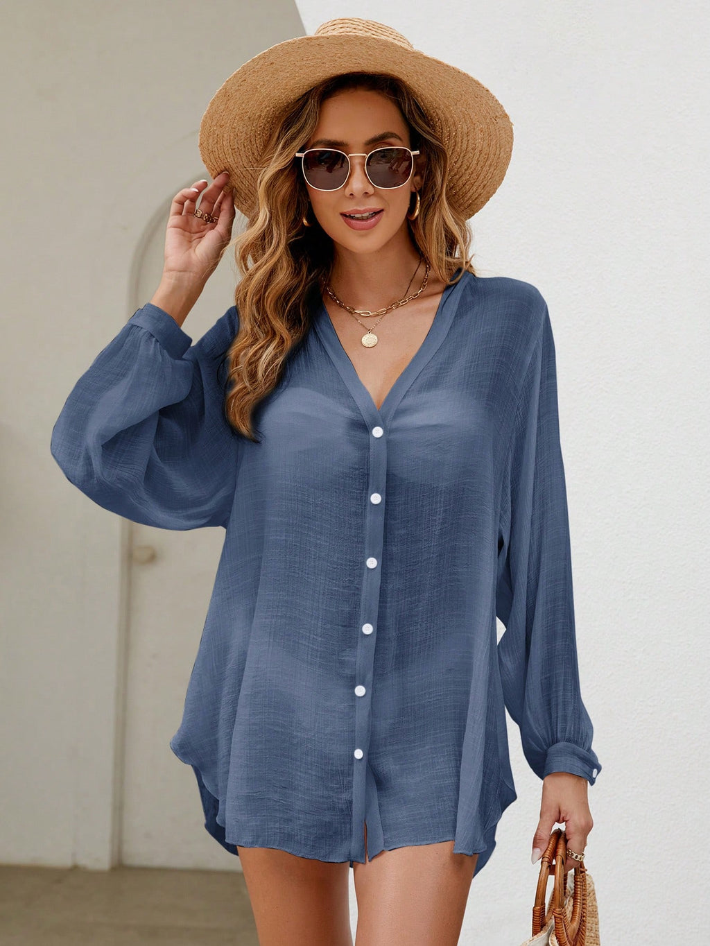 SHEIN Swim Basics Blusa Quimono Feminina Com Peito Único