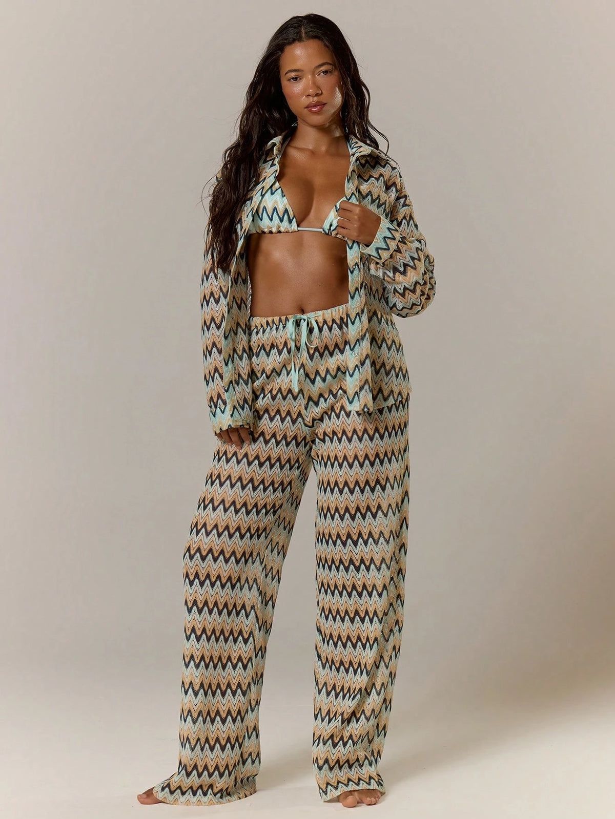 Musera Resort Calça Capa Estampada com Cintura Amarrada, Estilo Boho Ibiza, Fofa, Sexy, Férias, Praia, Maiô, Pele Quente, Listrada