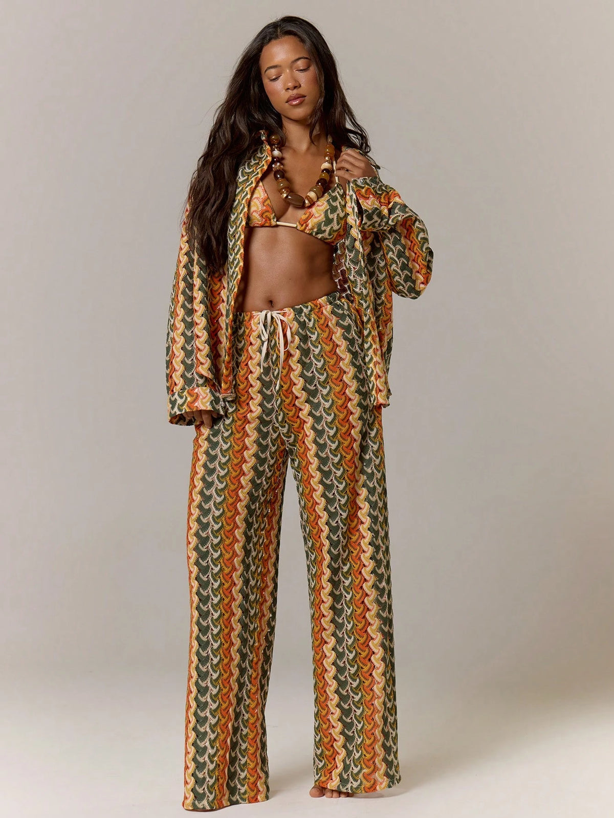 Musera Resort Calça Capa Estampada com Cintura Amarrada, Estilo Boho Ibiza, Fofa, Sexy, Férias, Praia, Maiô, Pele Quente, Listrada