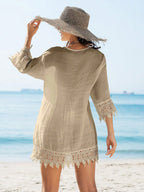 SHEIN Swim Quimono Feminino de Cobertura com Recorte de Renda, de Cor Sólida, para Praia e Férias