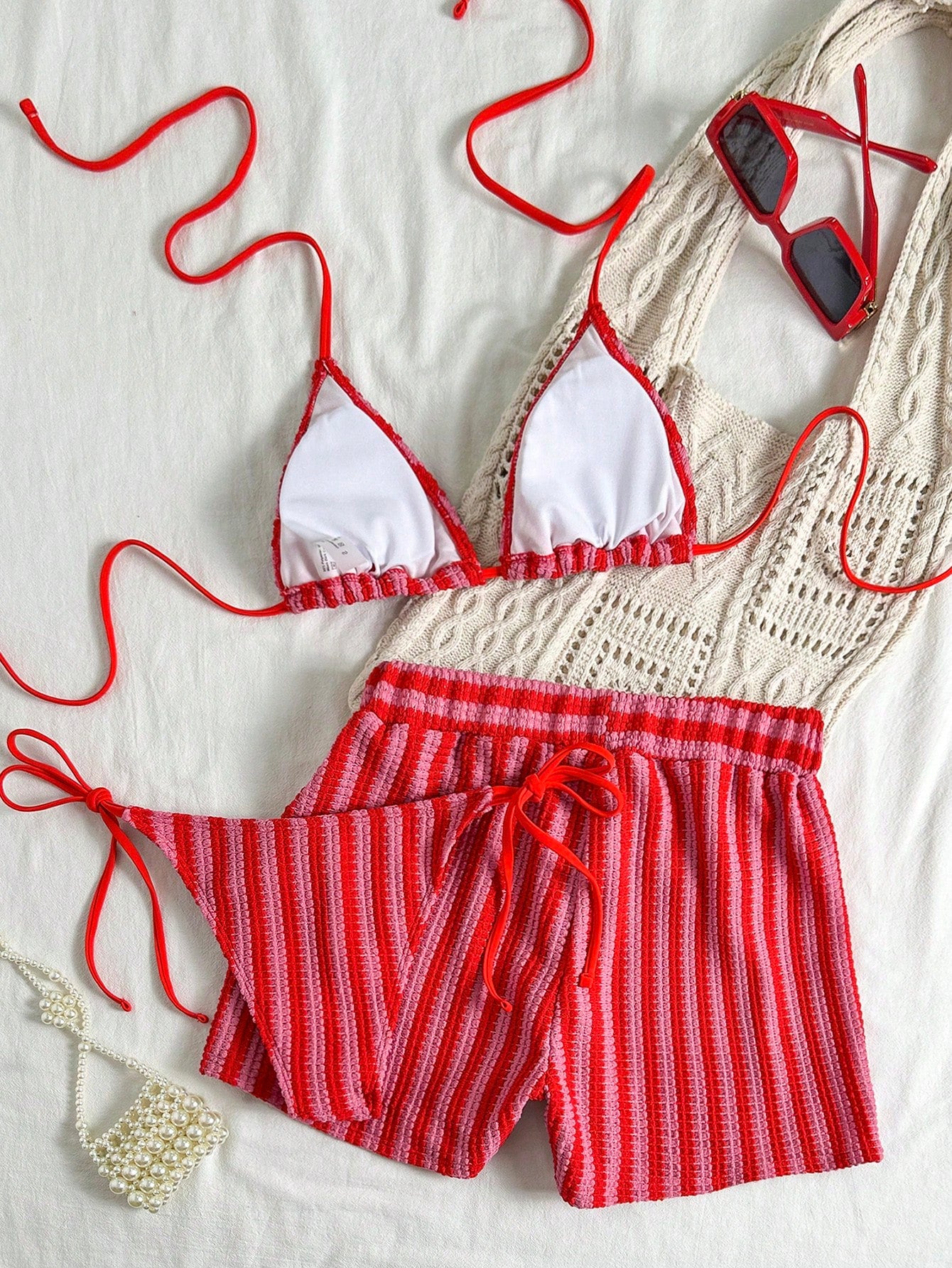 Swim Vcay 3 peças/Conjunto Capa de Crochê de Estilo Boêmio para Maiô Bikini, Saída de Praia