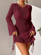 Breezaya Vestido de praia Feminino Fashion de cor sólida com cordão e mangas de sino franzidas, transparente, ideal para o Verão