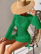 Breezaya Vestido de praia Feminino Fashion de cor sólida com cordão e mangas de sino franzidas, transparente, ideal para o Verão