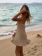 Vestido Curto Branco Feminino de Verão, Simples, para Praia, Férias, Decote Vazado, Sexy, com Alças Finas