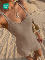 Vestido Curto Branco Feminino de Verão, Simples, para Praia, Férias, Decote Vazado, Sexy, com Alças Finas