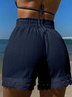 Swim Vcay Conjunto de Verão 3 Peças para Praia e Férias Feminino: Saída de Praia com Amarração na Cintura e Acabamento em Renda, Shorts de Maiô