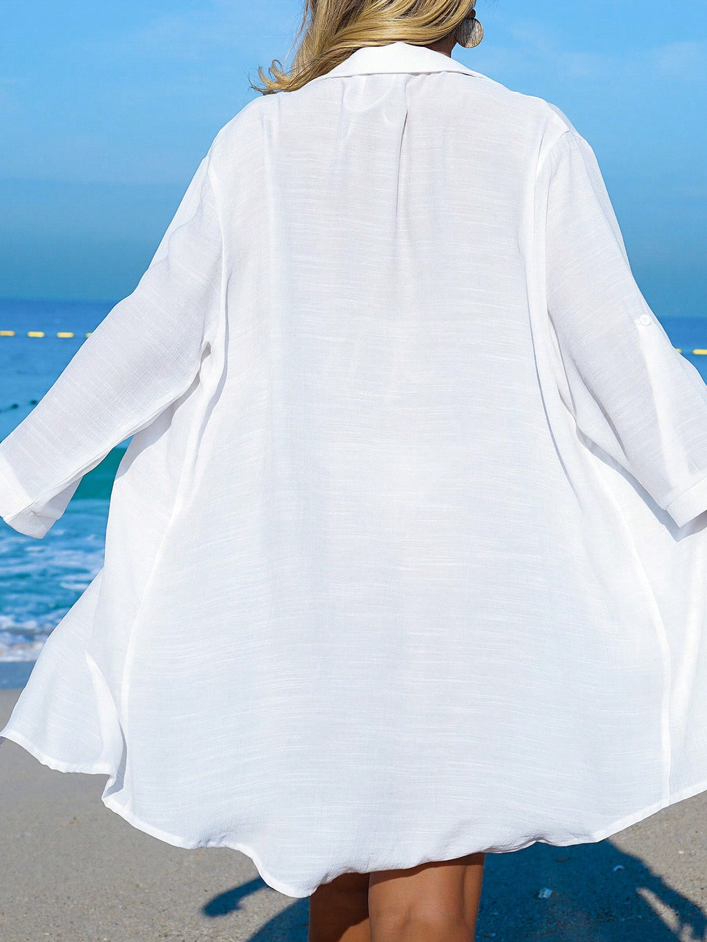 SHEIN Swim Camisa Branca Feminina com Botões de Árvore de Coco, Casual, para Férias na Praia, Kimono Cover-Up