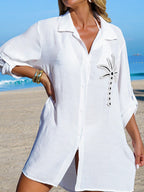 SHEIN Swim Camisa Branca Feminina com Botões de Árvore de Coco, Casual, para Férias na Praia, Kimono Cover-Up