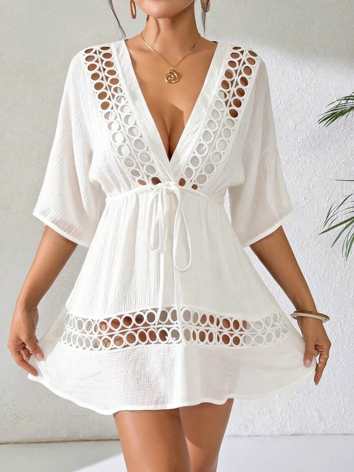 SHEIN Swim Capa Casual com Decote em V Profundo Preto Feminina, Primavera/Verão