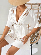 SHEIN Swim Capa Casual com Decote em V Profundo Preto Feminina, Primavera/Verão
