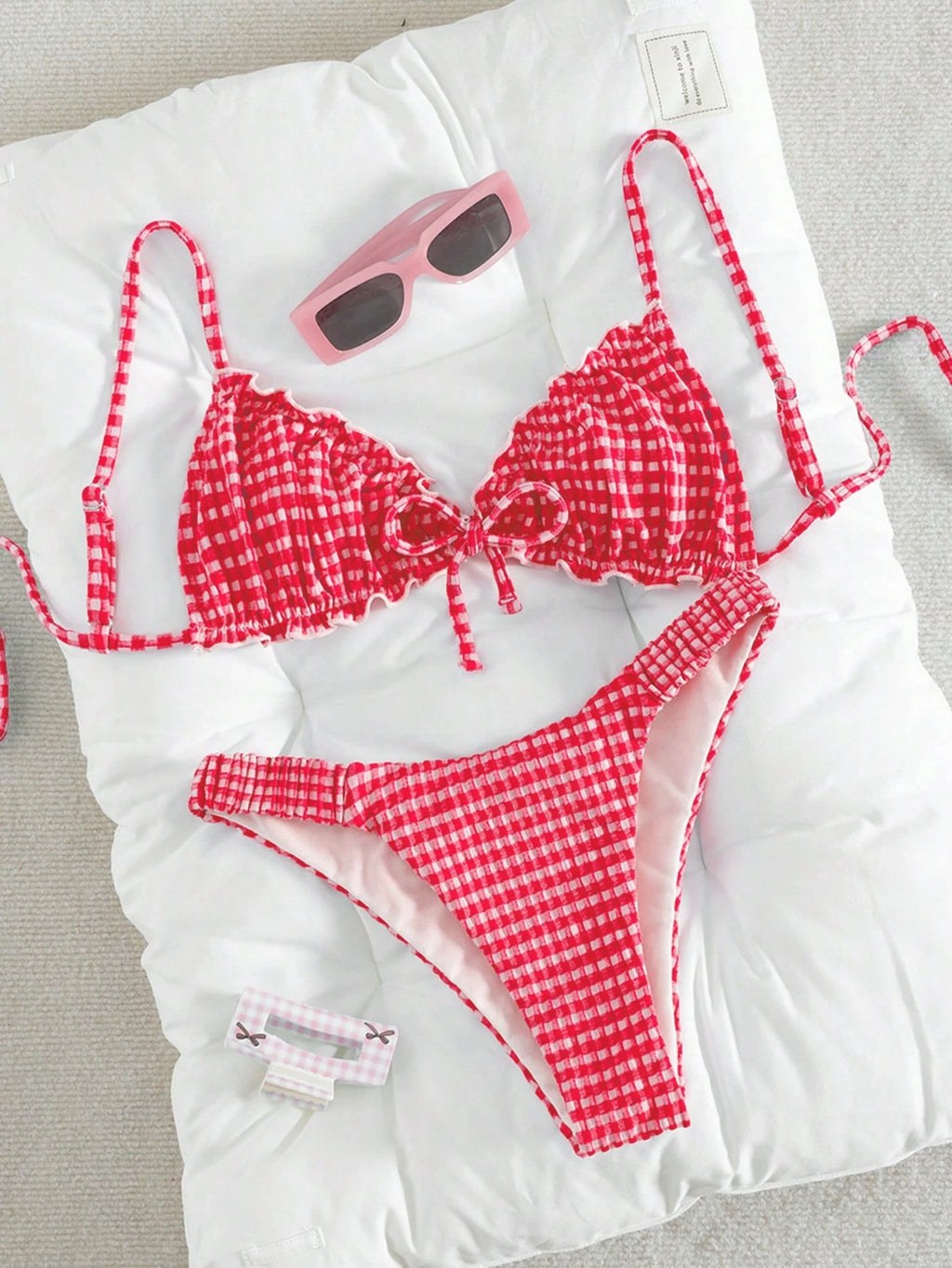 Swim Mod Conjunto de Maiô Bikini de 2 Peças com Tecido Texturizado, Babado, Laço na Frente, Cordão na Cintura, Fofo, Doce, Fashion, Animado para Festa