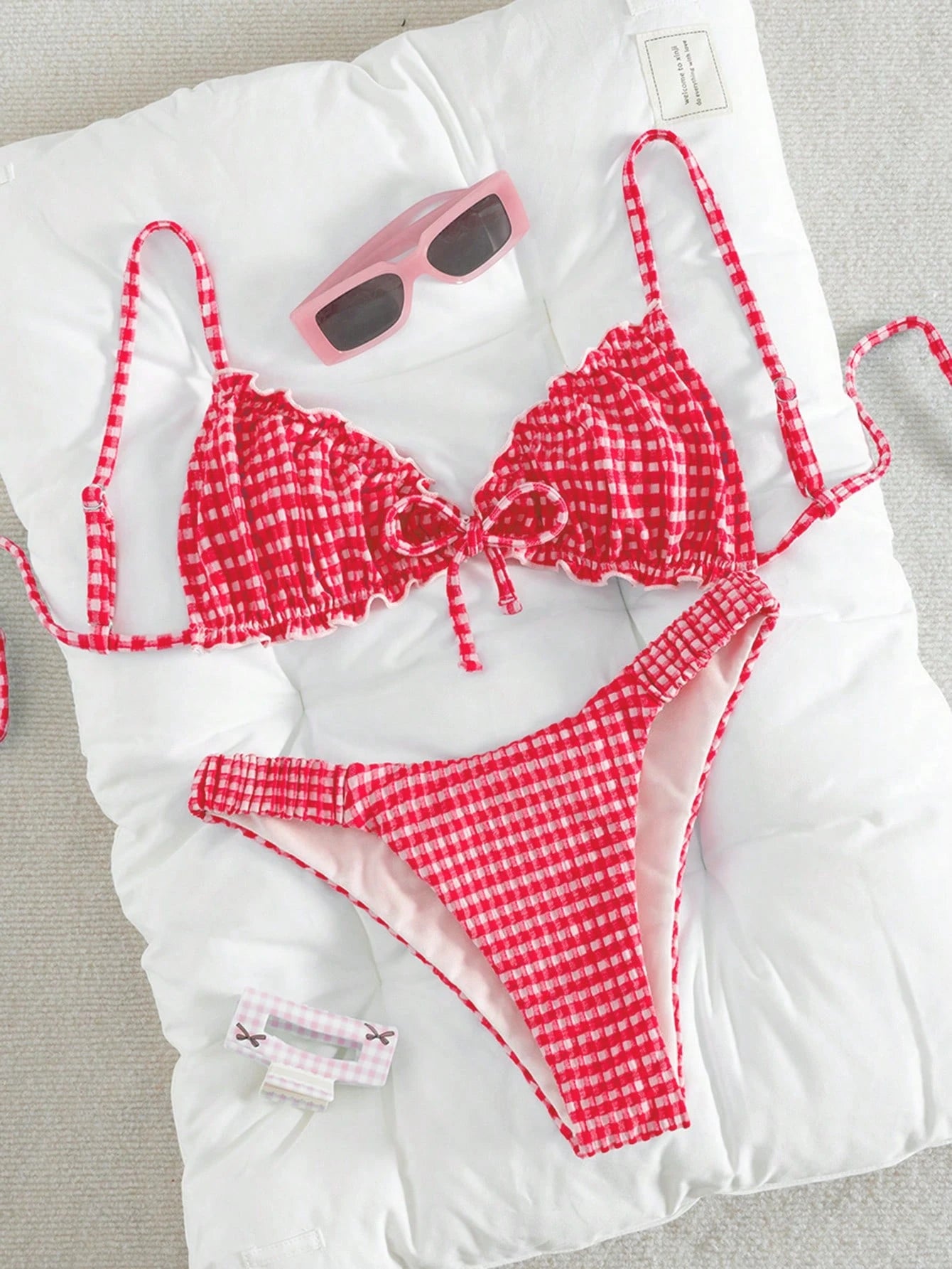 Swim Mod Conjunto de Maiô Bikini de 2 Peças com Tecido Texturizado, Babado, Laço na Frente, Cordão na Cintura, Fofo, Doce, Fashion, Animado para Festa