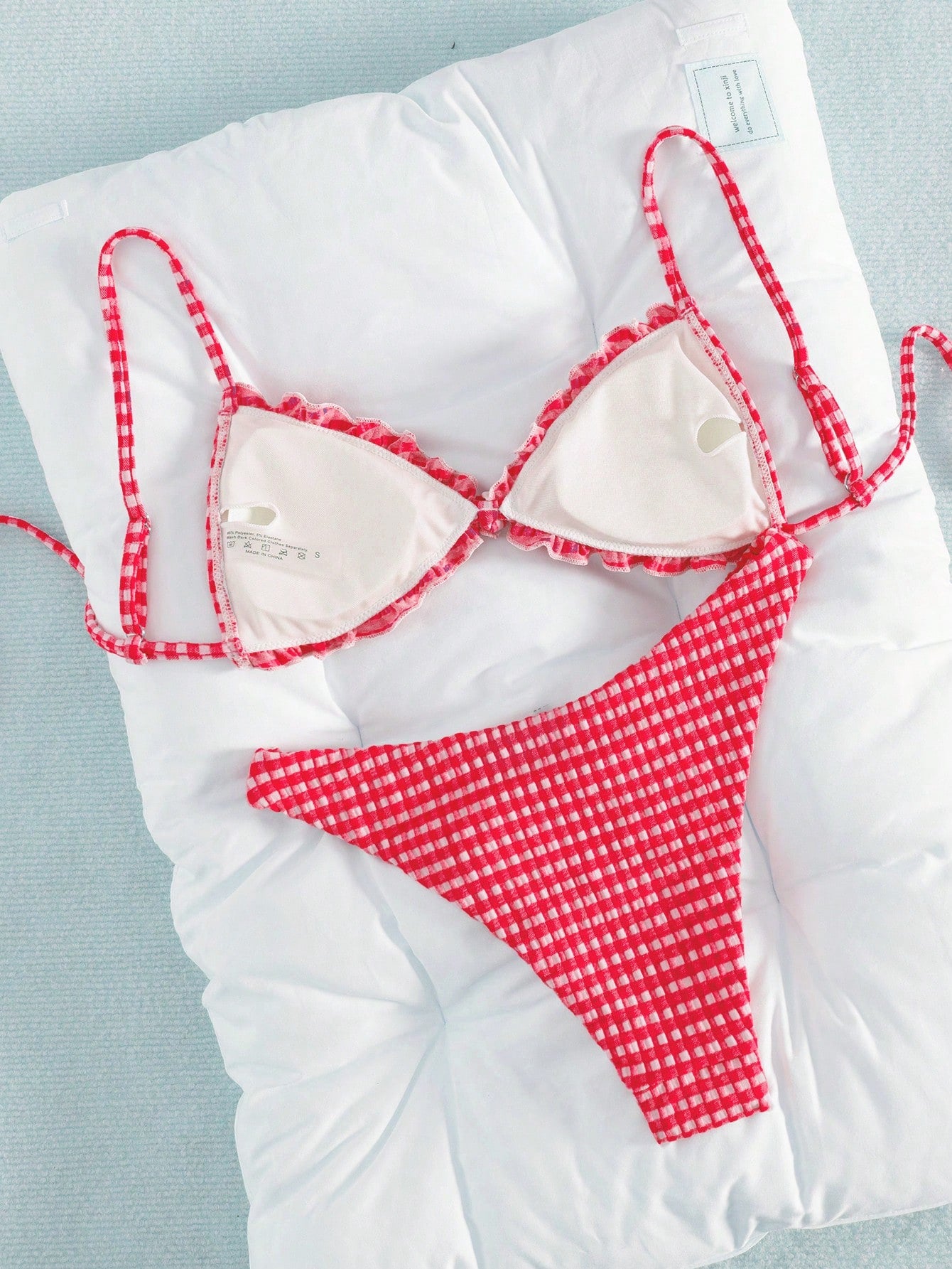 Swim Mod Conjunto de Maiô Bikini de 2 Peças com Tecido Texturizado, Babado, Laço na Frente, Cordão na Cintura, Fofo, Doce, Fashion, Animado para Festa
