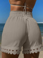 Swim Vcay Conjunto de Verão 3 Peças para Praia e Férias Feminino: Saída de Praia com Amarração na Cintura e Acabamento em Renda, Shorts de Maiô