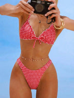 Swim Mod Conjunto de Maiô Bikini de 2 Peças com Tecido Texturizado, Babado, Laço na Frente, Cordão na Cintura, Fofo, Doce, Fashion, Animado para Festa