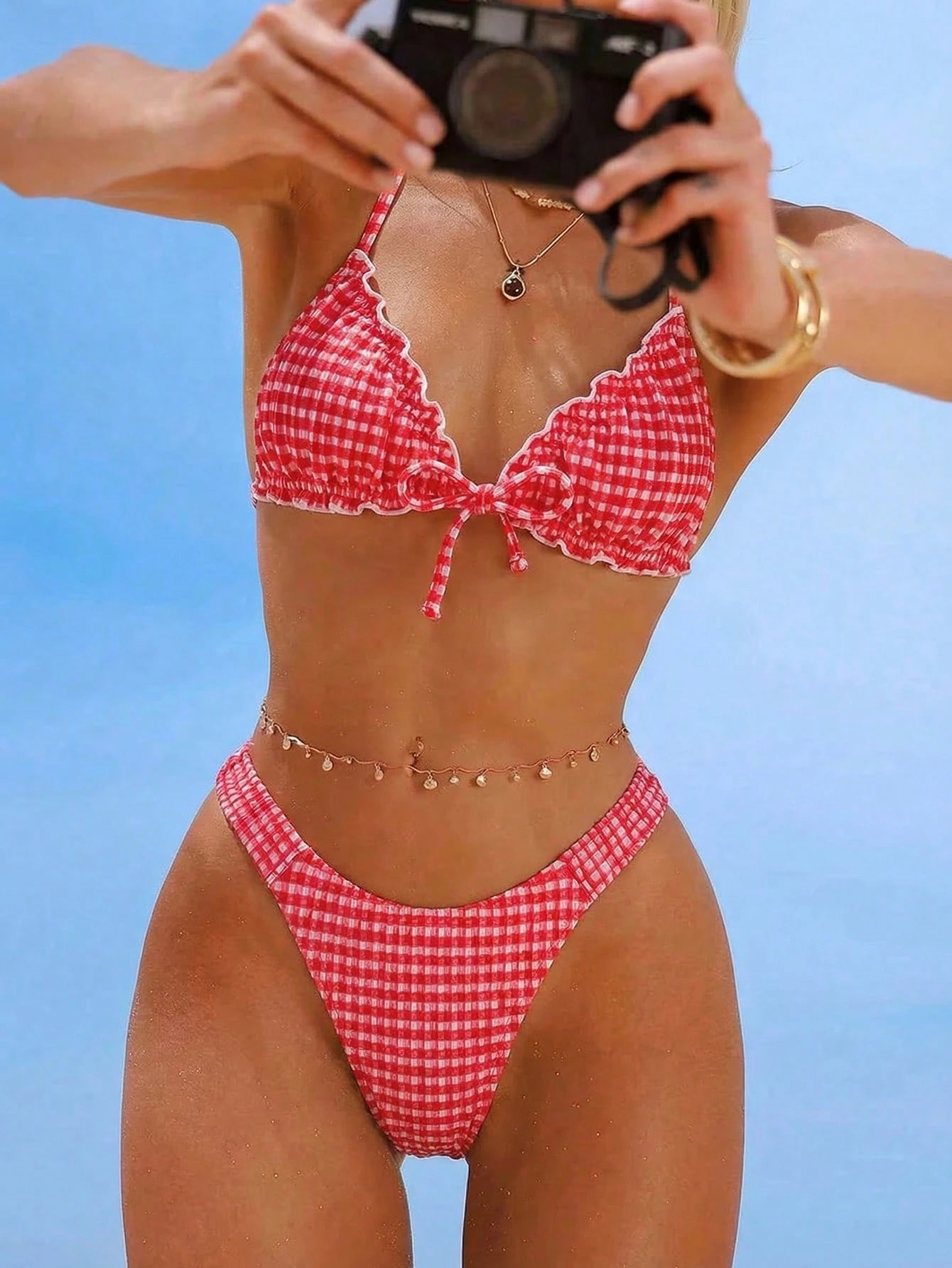Swim Mod Conjunto de Maiô Bikini de 2 Peças com Tecido Texturizado, Babado, Laço na Frente, Cordão na Cintura, Fofo, Doce, Fashion, Animado para Festa