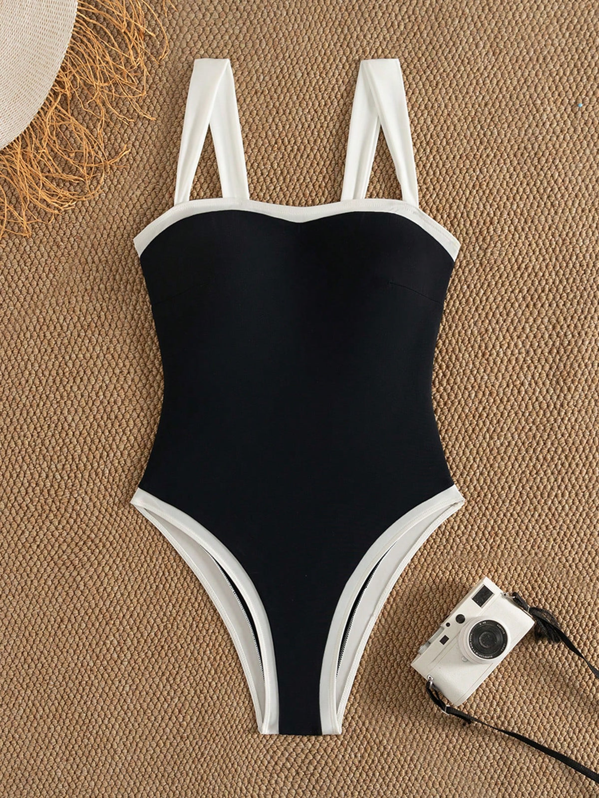 Bonvoyette 1 Peça Maiô Preto e Branco de Contraste de Cor, Estilo Vintage Minimalista e Elegante, Adequado para Natação, Férias, Praia, Viagem, Festa na Piscina